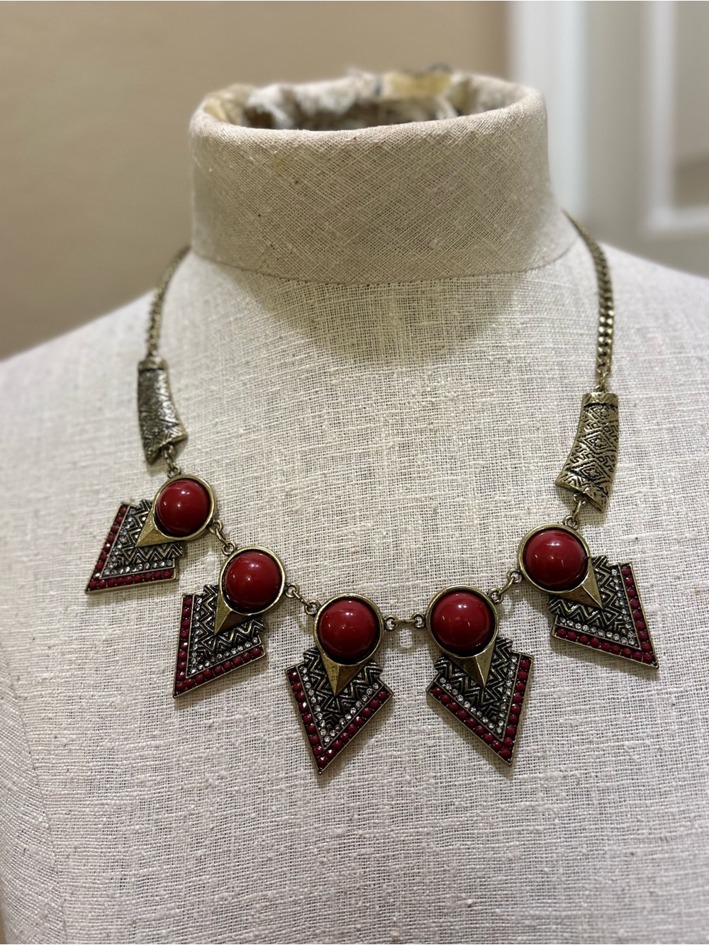 Vintage Style Tribal Geometric Bib Necklace Red Cabochon Statement Jewelry